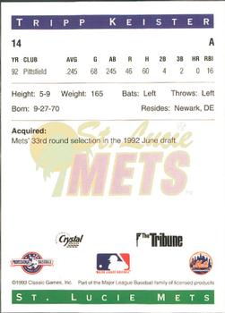 1993 Classic Best St. Lucie Mets #14 Tripp Keister Back