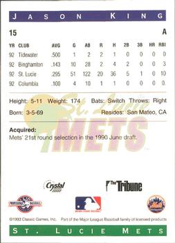 1993 Classic Best St. Lucie Mets #15 Jason King Back