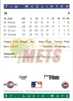 1993 Classic Best St. Lucie Mets #16 Tim McClinton Back