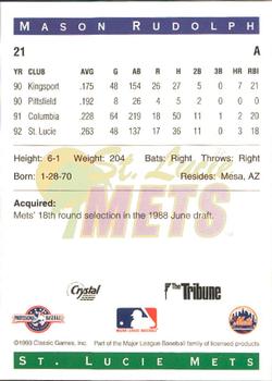 1993 Classic Best St. Lucie Mets #21 Mason Rudolph Back