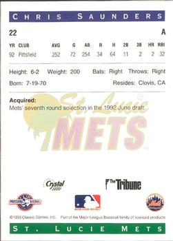 1993 Classic Best St. Lucie Mets #22 Chris Saunders Back