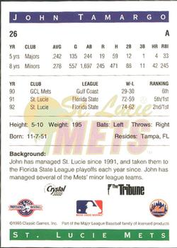 1993 Classic Best St. Lucie Mets #26 John Tamargo Back