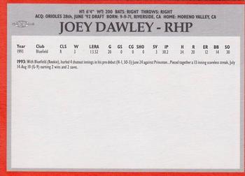 1994 Baltimore Orioles Program Cards #NNO Joey Dawley Back