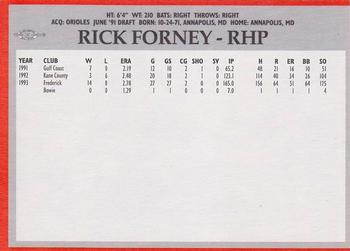 1994 Baltimore Orioles Program Cards #NNO Rick Forney Back