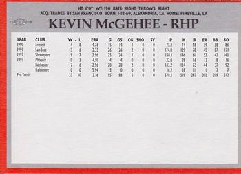 1994 Baltimore Orioles Program Cards #NNO Kevin McGehee Back