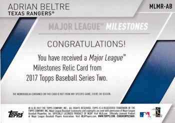 2017 Topps - Major League Milestones Relic Red #MLMR-AB Adrian Beltre Back