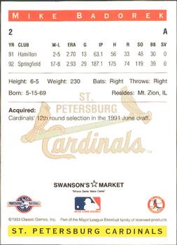 1993 Classic Best St. Petersburg Cardinals #2 Mike Badorek Back