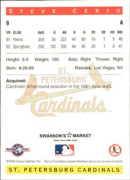1993 Classic Best St. Petersburg Cardinals #9 Steve Cerio Back