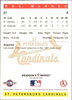 1993 Classic Best St. Petersburg Cardinals #27 Ron Warner Back