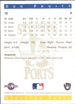 1993 Classic Best Stockton Ports #19 Don Pruitt Back