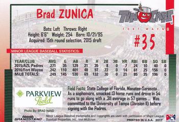 2017 Grandstand Fort Wayne TinCaps #NNO Brad Zunica Back