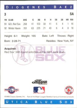 1993 Classic Best Utica Blue Sox #3 Diogenes Baez Back