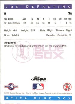 1993 Classic Best Utica Blue Sox #9 Joe DePastino Back