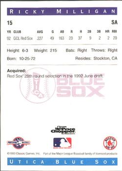 1993 Classic Best Utica Blue Sox #15 Ricky Milligan Back