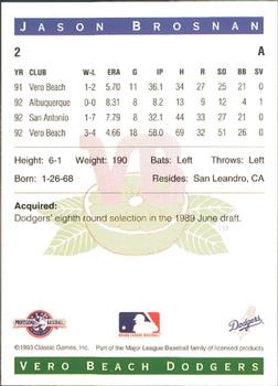 1993 Classic Best Vero Beach Dodgers #2 Jason Brosnan Back