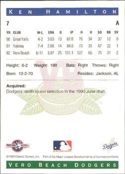 1993 Classic Best Vero Beach Dodgers #7 Ken Hamilton Back