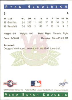 1993 Classic Best Vero Beach Dodgers #8 Ryan Henderson Back
