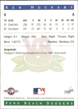 1993 Classic Best Vero Beach Dodgers #9 Ken Huckaby Back