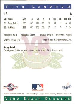 1993 Classic Best Vero Beach Dodgers #13 Tito Landrum Back