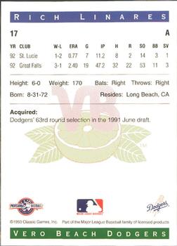 1993 Classic Best Vero Beach Dodgers #17 Rich Linares Back