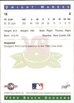 1993 Classic Best Vero Beach Dodgers #18 Dwight Maness Back