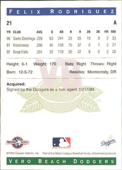 1993 Classic Best Vero Beach Dodgers #21 Felix Rodriguez Back