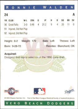 1993 Classic Best Vero Beach Dodgers #24 Ronnie Walden Back