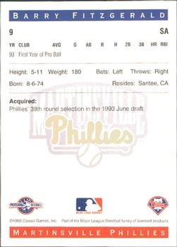 1993 Classic Best Martinsville Phillies #9 Barry Fitzgerald Back