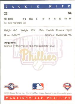 1993 Classic Best Martinsville Phillies #23 Jackie Rife Back