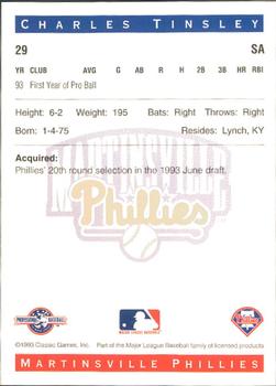 1993 Classic Best Martinsville Phillies #29 Charles Tinsley Back