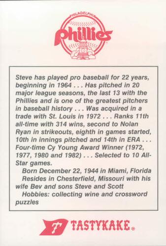 1986 Tastykake Philadelphia Phillies #NNO Steve Carlton Back
