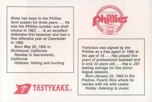 1986 Tastykake Philadelphia Phillies #NNO Francisco Melendez / Ricky Jordan Back