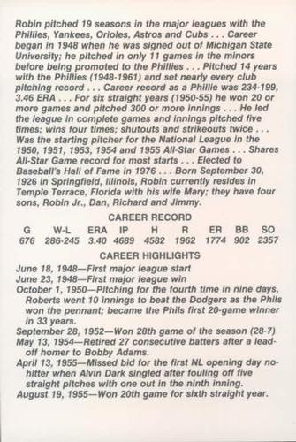 1986 Tastykake Philadelphia Phillies #NNO Robin Roberts Back