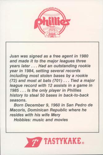 1986 Tastykake Philadelphia Phillies #NNO Juan Samuel Back
