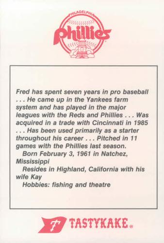 1986 Tastykake Philadelphia Phillies #NNO Fred Toliver Back