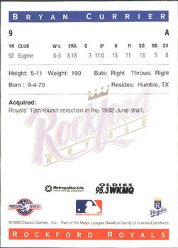 1993 Classic Best Rockford Royals #9 Bryan Currier Back
