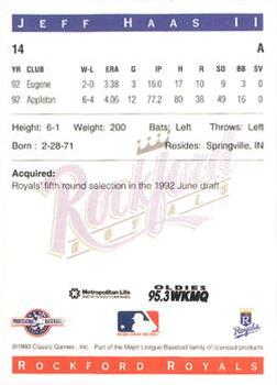 1993 Classic Best Rockford Royals #14 Jeff Haas II Back