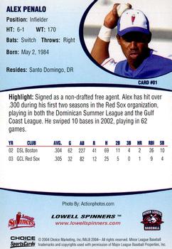2004 Choice Lowell Spinners #01 Alex Penalo Back