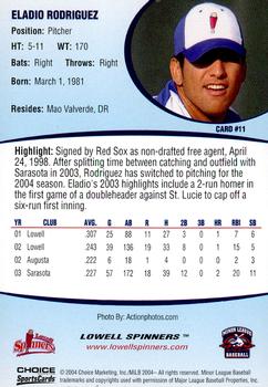 2004 Choice Lowell Spinners #11 Eladio Rodriguez Back