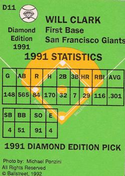 1991 Ballstreet Diamond Edition #D11 Will Clark Back