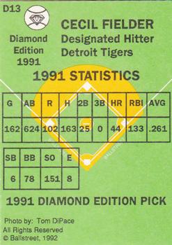 1991 Ballstreet Diamond Edition #D13 Cecil Fielder Back