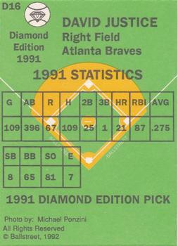 1991 Ballstreet Diamond Edition #D16 David Justice Back