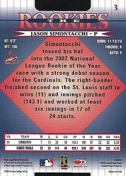 2002 Donruss The Rookies #3 Jason Simontacchi Back