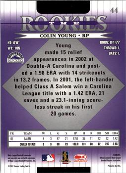 2002 Donruss The Rookies #44 Colin Young Back