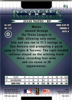 2002 Donruss The Rookies #63 Julio Mateo Back