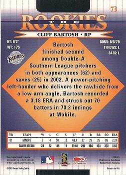 2002 Donruss The Rookies #73 Cliff Bartosh Back