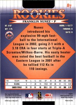 2002 Donruss The Rookies #87 Franklin Nunez Back
