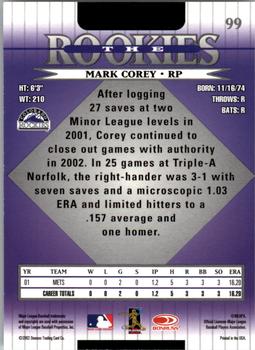 2002 Donruss The Rookies #99 Mark Corey Back