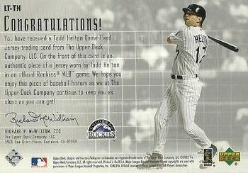 2003 Upper Deck - Lineup Time Jerseys #LT-TH Todd Helton Back