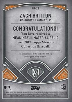 2017 Topps Museum Collection - Meaningful Material Relics Copper #MR-ZB Zach Britton Back